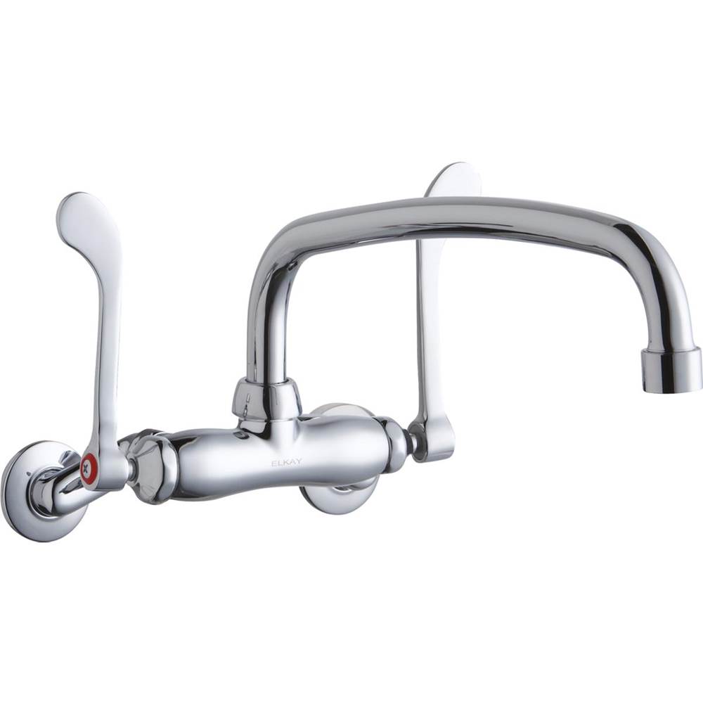 Neenan Company ShowroomElkayFoodservice 3-8'' Adjustable Centers Wall Mount Faucet w/12'' Arc Tube Spout 6'' Wristblade Handles 2in Inlet