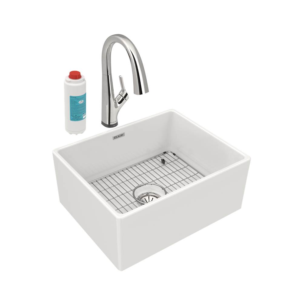 Neenan Company ShowroomElkayFireclay 24-7/16'' x 19-11/16'' x 9-1/8'' Single Bowl Farmhouse Sink Kit with Filtered Faucet, White