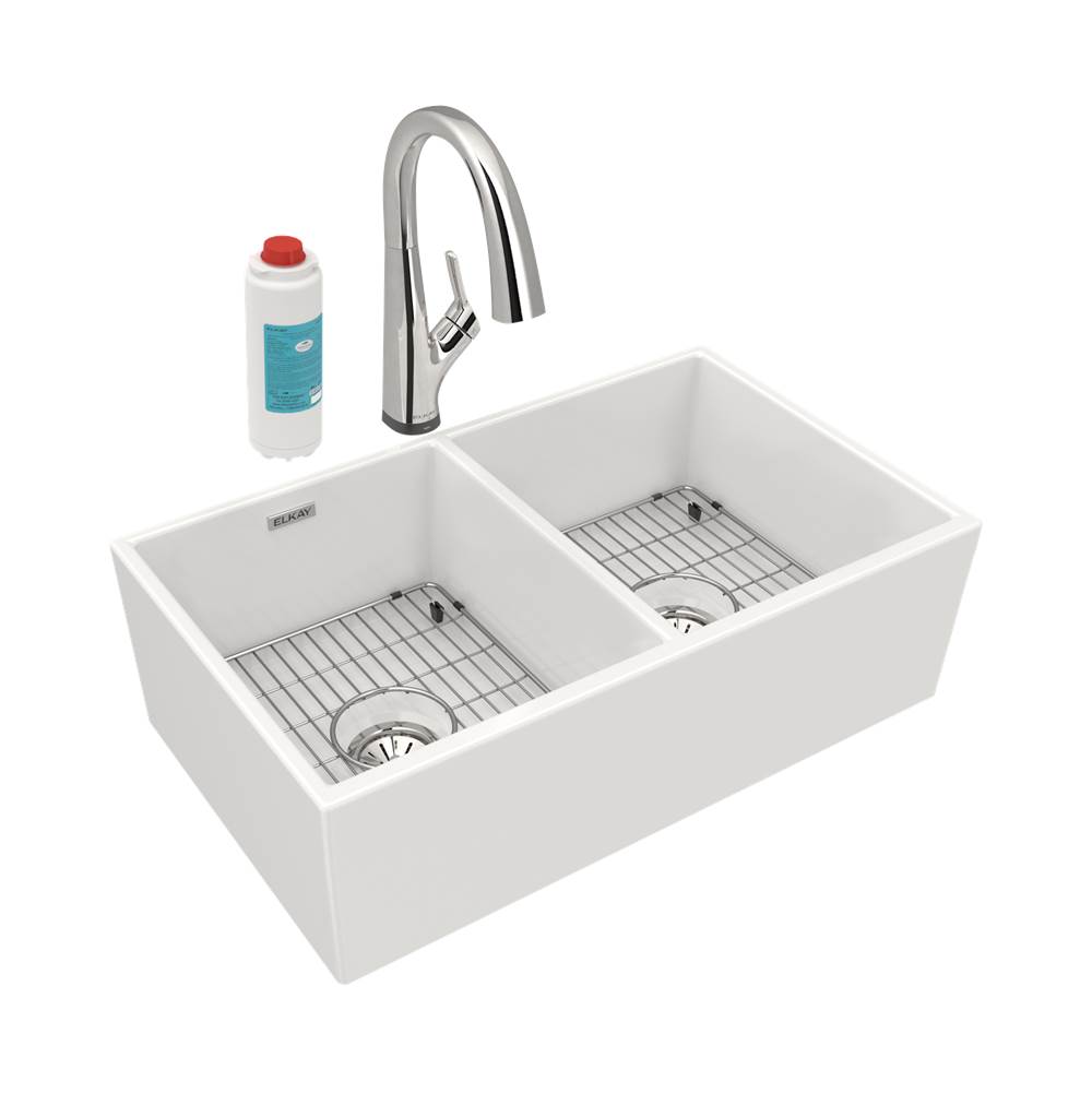 Neenan Company ShowroomElkayFireclay 33'' x 19-15/16'' x 9'', Equal Double Bowl Farmhouse Sink Kit with Filtered Faucet, White