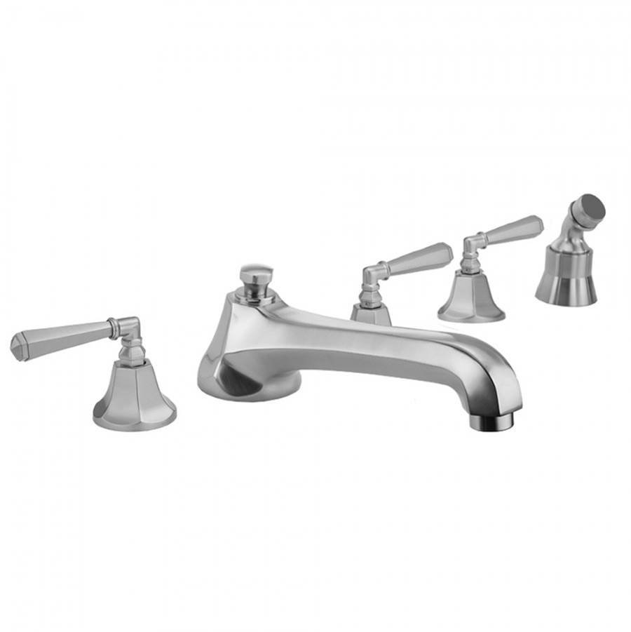 Neenan Company ShowroomJacloAstor Roman Tub Set with Low Spout and Hex Lever Handles and Angled Handshower Mount
