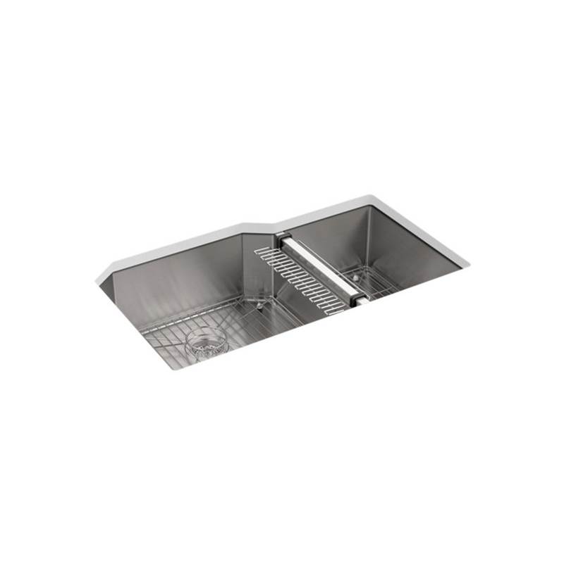 Neenan Company ShowroomKohlerStrive® 35-1/2'' x 20-1/4'' x 9-5/16'' Undermount double-bowl extra-large/medium kitchen sink with rack