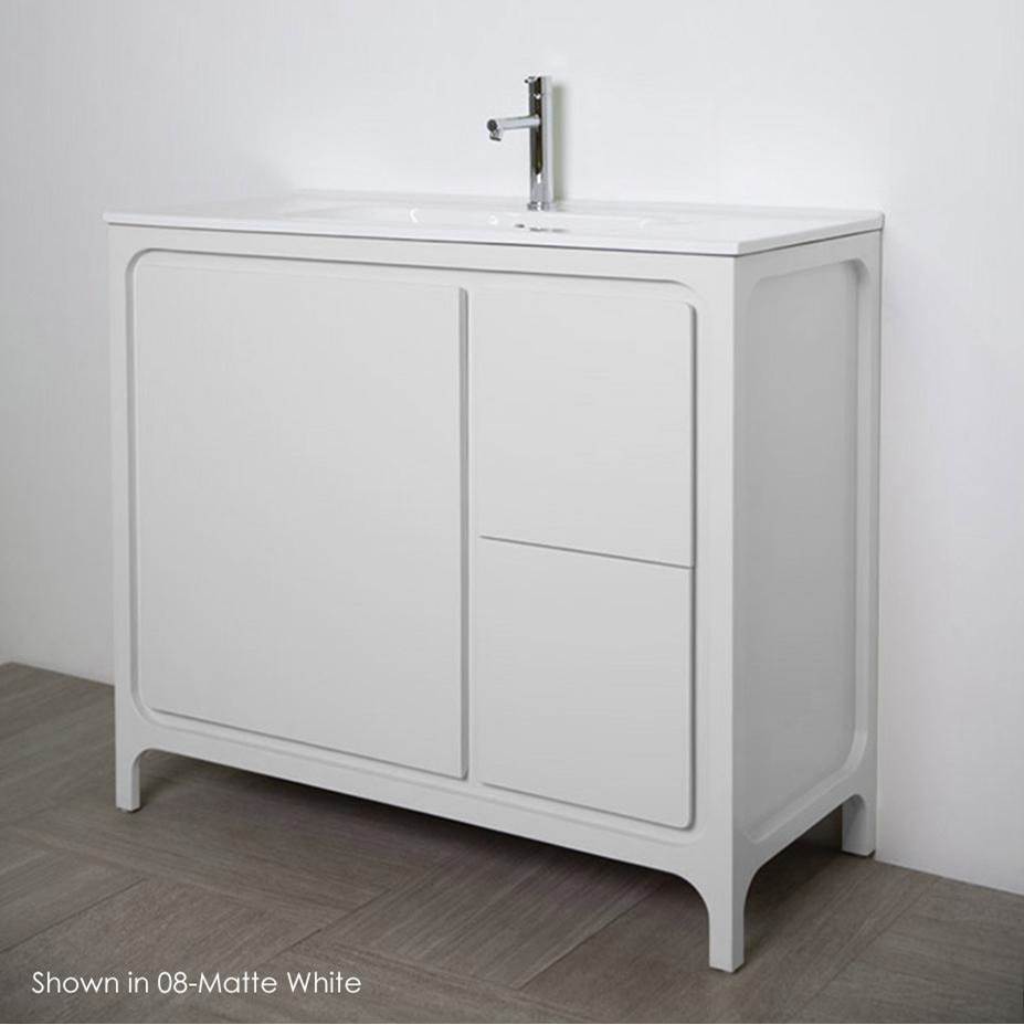 Neenan Company ShowroomLacavaFree standing under counter vanity with routed finger pulls on two drawers and one door.