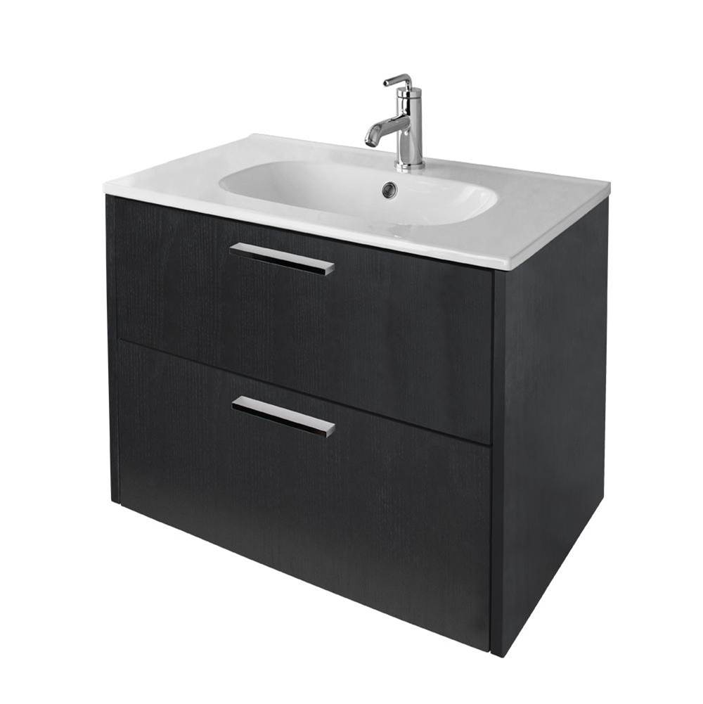 Neenan Company ShowroomLacavaWall-mount under-counter vanity with pull out bottom behind two finger pull doors.  W:31 1/2'', D: 17 5/8'', H: 22''.
