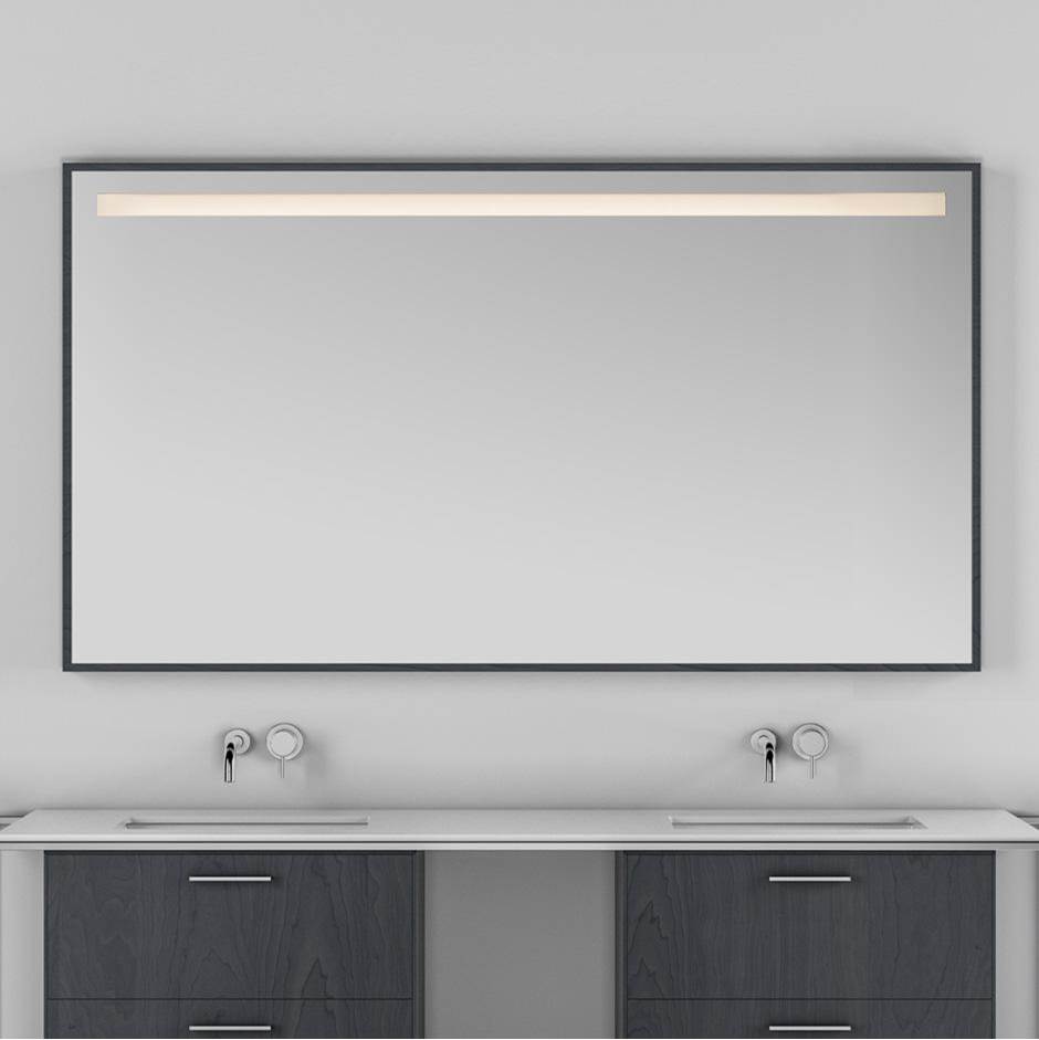 Neenan Company ShowroomLacavaWall-mount mirror in wooden or metal frame with LED light behind sand blasted frosted section on top. W:65'', H:34'', D: 2''.