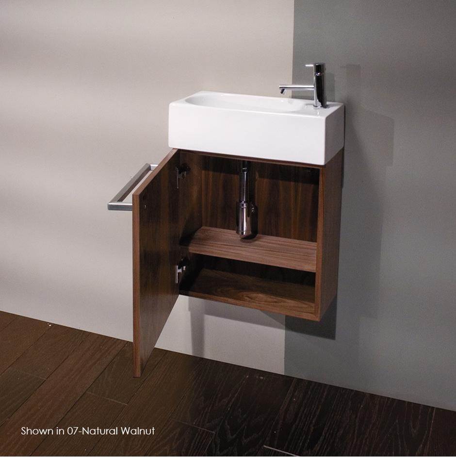 Neenan Company ShowroomLacavaWall-mount under-counter vanity with one adjustable shelf behind a door, brushed stainless steel pull can be used as a towe bar.