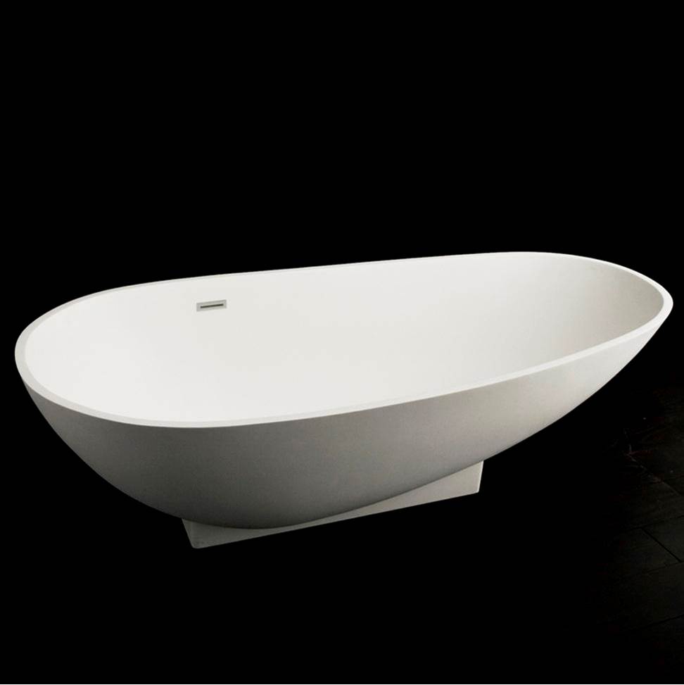 Neenan Company ShowroomLacavaFree-standing soaking bathtub made of white solid surface with an overflow and polished chrome drain, net weight 232lbs.