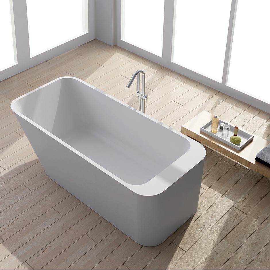 Neenan Company ShowroomLacavaFree standing soaking bathtub made of white solid surface with overflow and solid surface pop up drain water capacity 84.