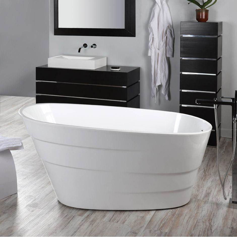 Neenan Company ShowroomLacavaFree-standing soaking bathtub made of luster white acrylic with an overflow and polished chrome drain, net weight 88 lbs, water capacity 62 gal.